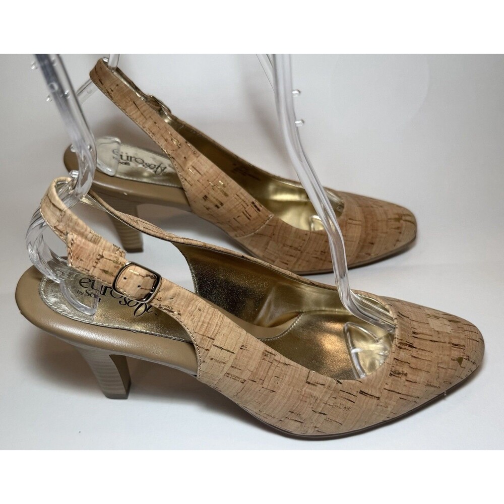 Eurosoft by Sofft Gale Cork Gold Fleck Peep Toe Slingback Heels 9M